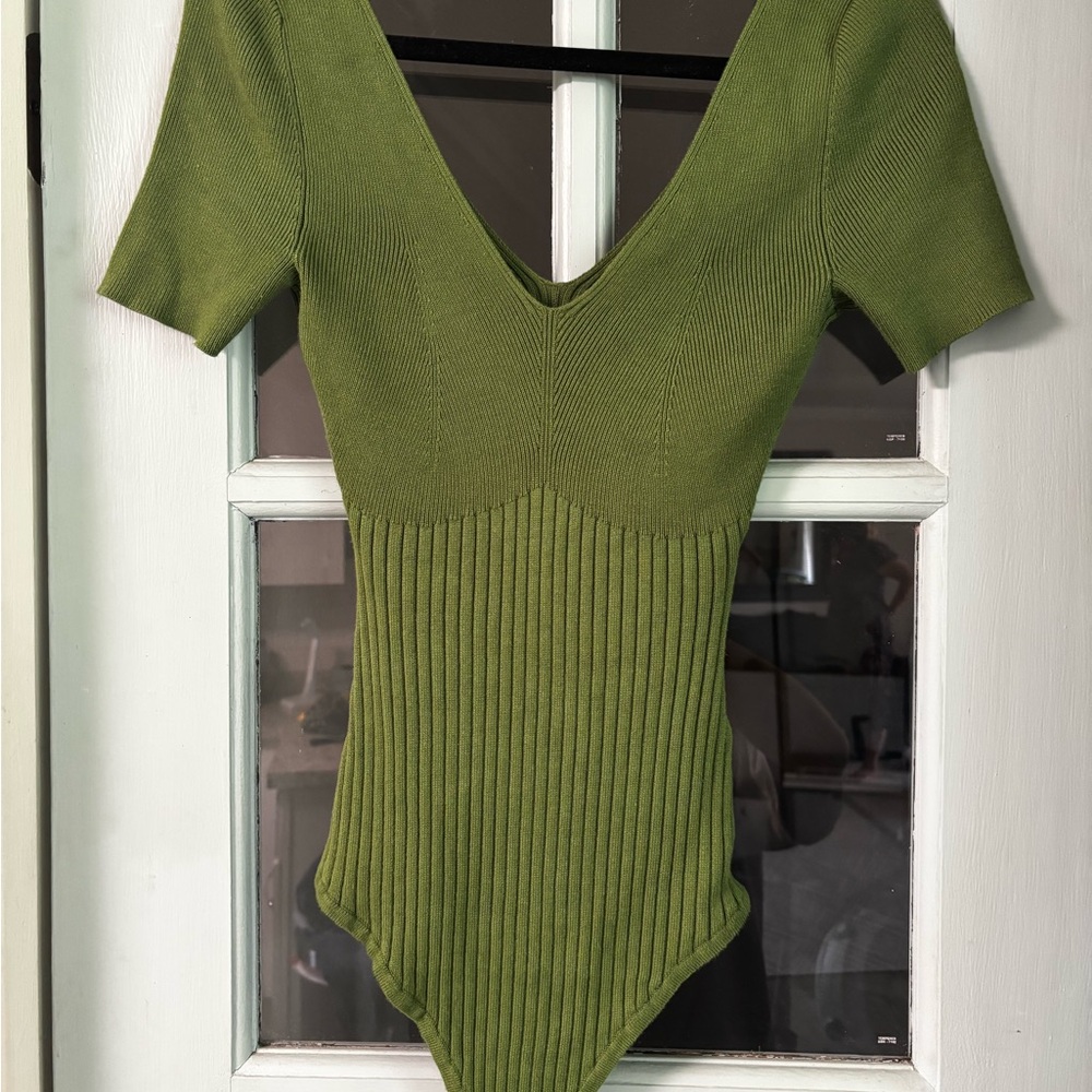 abercrombie and fitch Olive Green Ribbed knit V-Neck Bodysuit